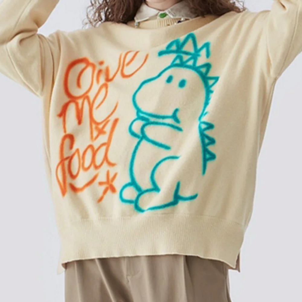 🦖 VAMTAC 🦖 Cream colored *Give Me Food*  Crew Neck Sweater with Playful Graphic